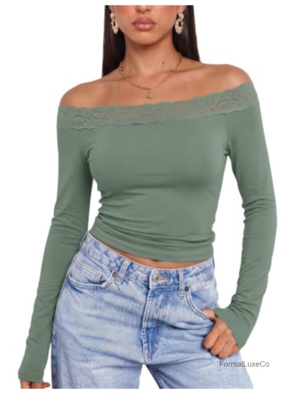 Women's Off Shoulder Lace Trim Long Sleeve Top Pullover Tunic Blouse